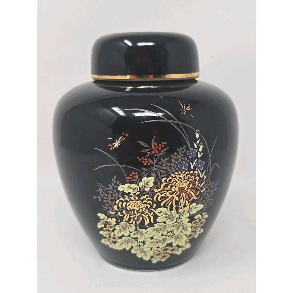 Vintage Golden Pheasant Mann Ginger Jar Urn Porcelain Black Gold Floral U133